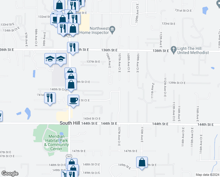 map of restaurants, bars, coffee shops, grocery stores, and more near 10613 140th Street Court East in Puyallup