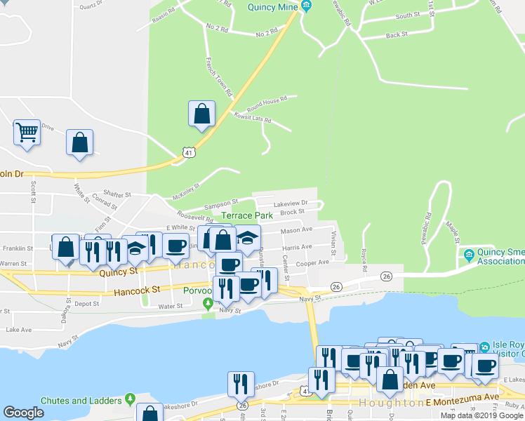 map of restaurants, bars, coffee shops, grocery stores, and more near 49170 Dunstan Street in Hancock
