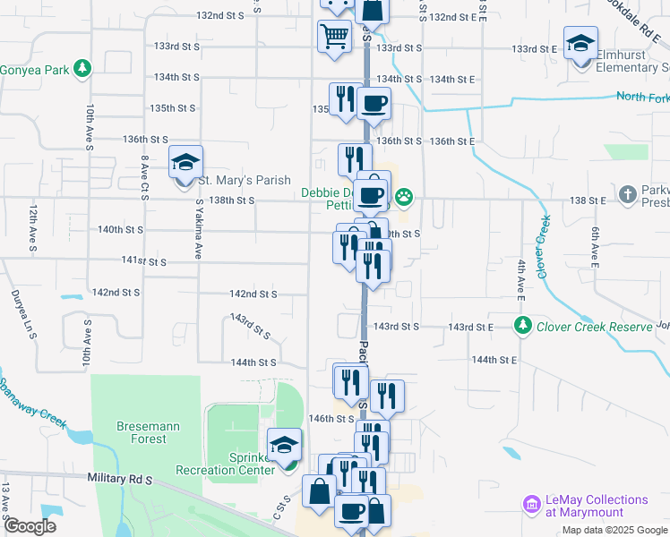 map of restaurants, bars, coffee shops, grocery stores, and more near 14207 C Street South in Tacoma