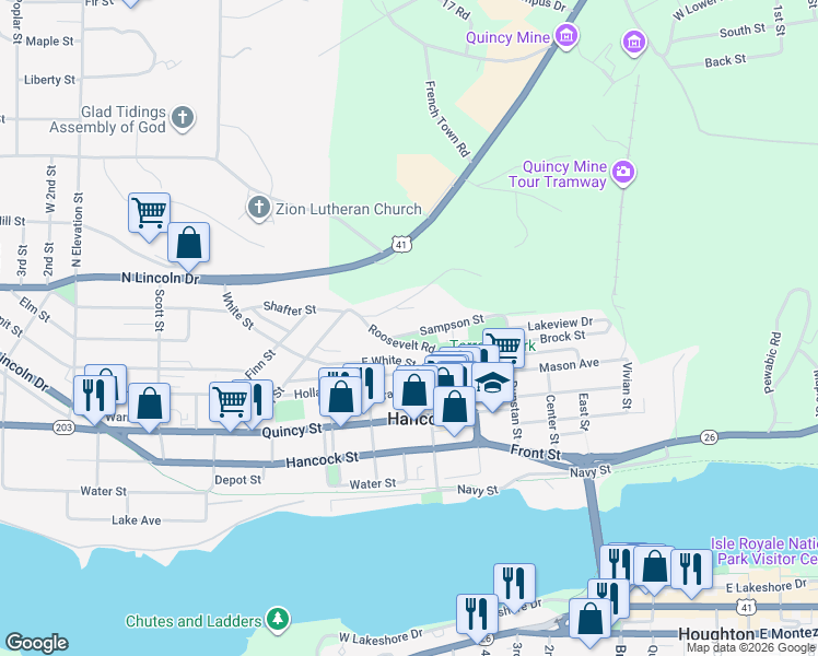 map of restaurants, bars, coffee shops, grocery stores, and more near 19653 McKinley Street in Hancock