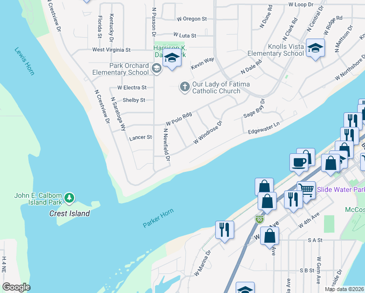 map of restaurants, bars, coffee shops, grocery stores, and more near 1030 West Windrose Drive in Moses Lake