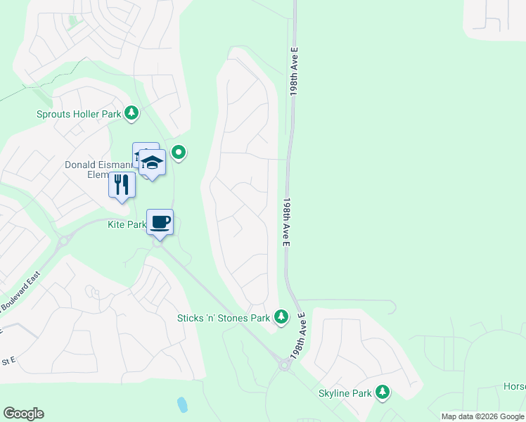 map of restaurants, bars, coffee shops, grocery stores, and more near 141st Street Court East in Tehaleh