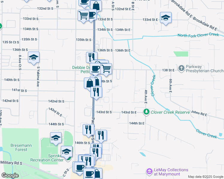 map of restaurants, bars, coffee shops, grocery stores, and more near 14007 A Street South in Parkland