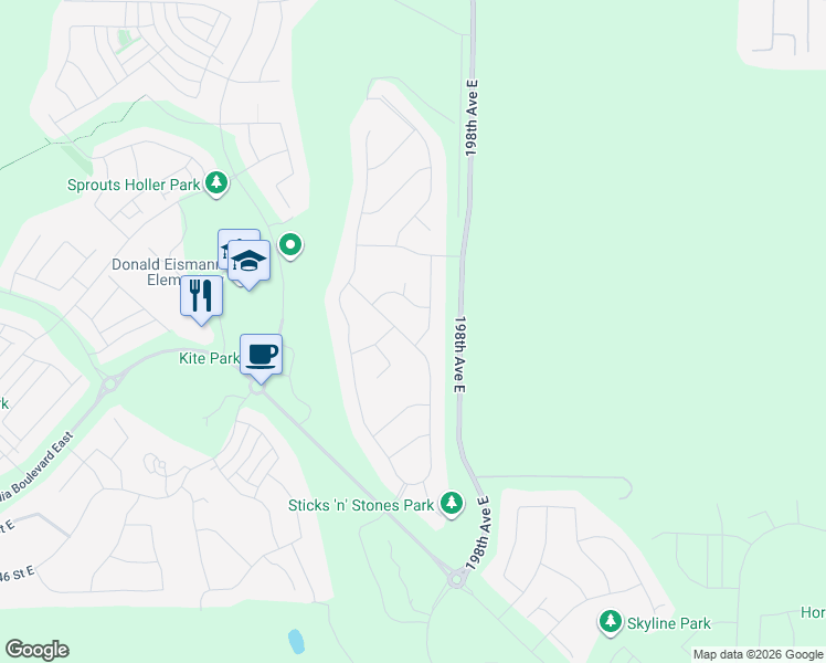 map of restaurants, bars, coffee shops, grocery stores, and more near 13921 Parkview Drive East in Bonney Lake