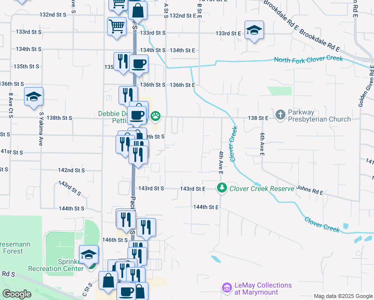 map of restaurants, bars, coffee shops, grocery stores, and more near 14007 A Street South in Parkland