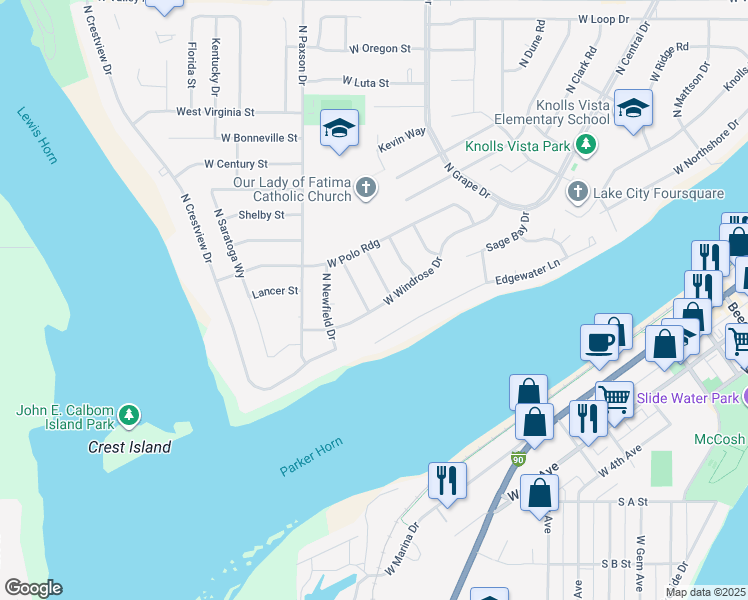 map of restaurants, bars, coffee shops, grocery stores, and more near 1038 West Windrose Drive in Moses Lake