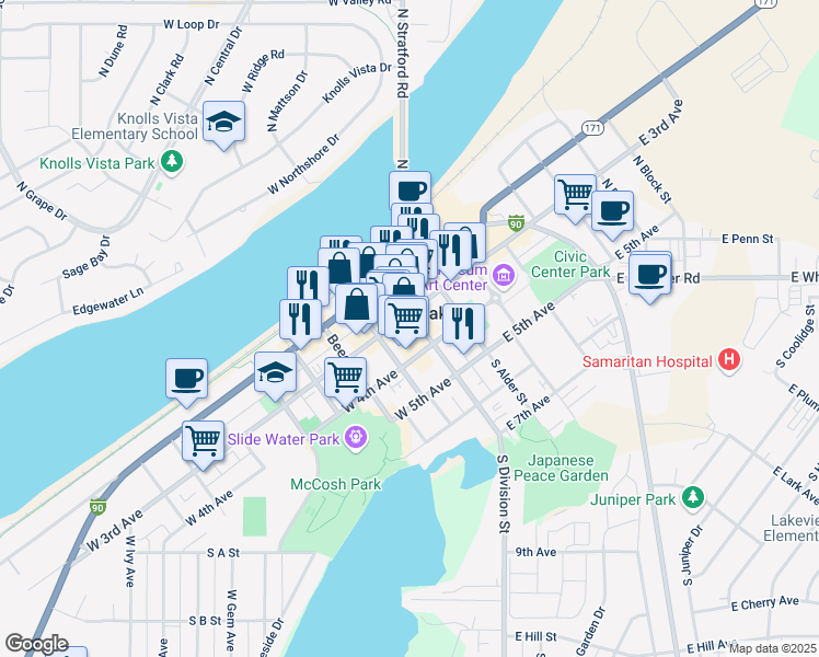 map of restaurants, bars, coffee shops, grocery stores, and more near 306 South Division Street in Moses Lake