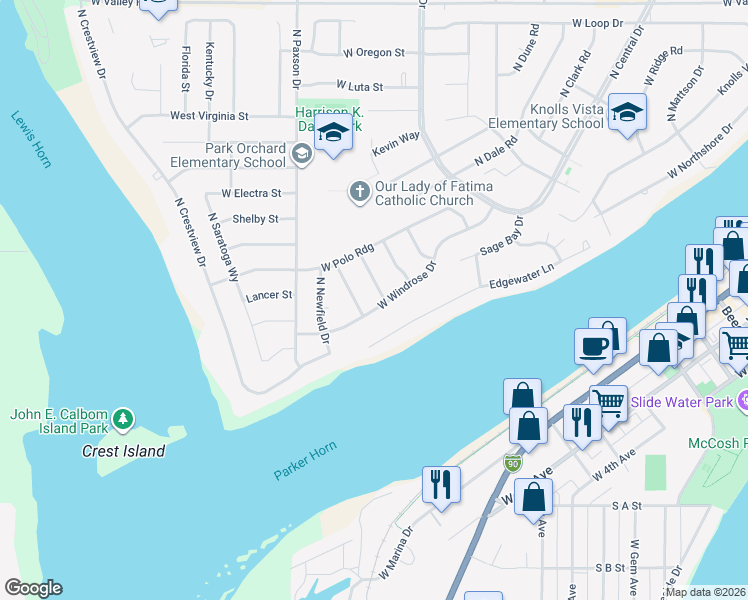 map of restaurants, bars, coffee shops, grocery stores, and more near 1030 West Windrose Drive in Moses Lake
