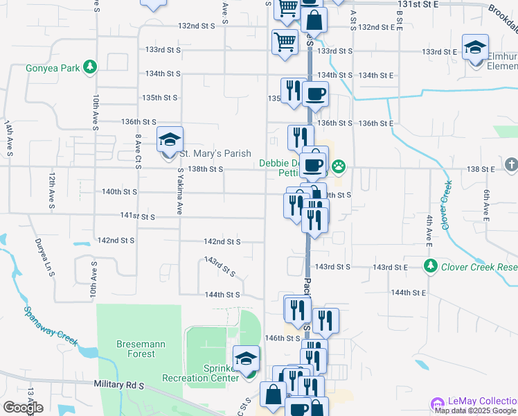 map of restaurants, bars, coffee shops, grocery stores, and more near 14014 C Street South in Tacoma