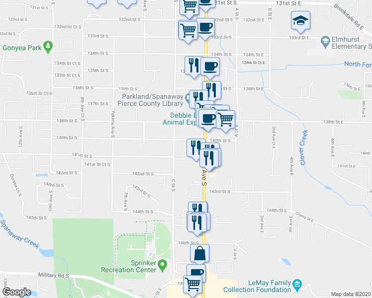 map of restaurants, bars, coffee shops, grocery stores, and more near 312 140th Street South in Parkland