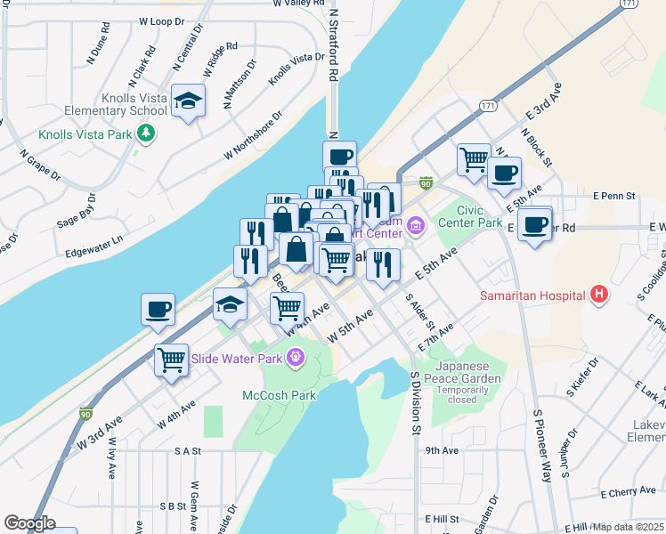 map of restaurants, bars, coffee shops, grocery stores, and more near in Moses Lake