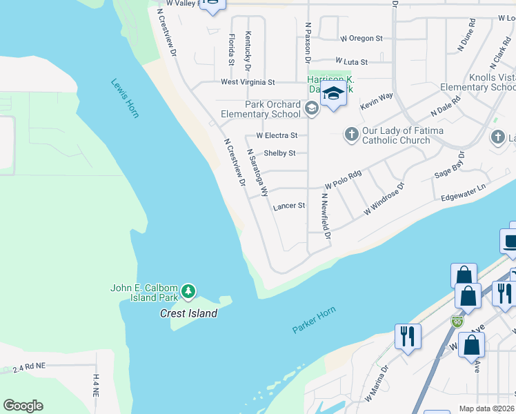 map of restaurants, bars, coffee shops, grocery stores, and more near 329 North Crestview Drive in Moses Lake
