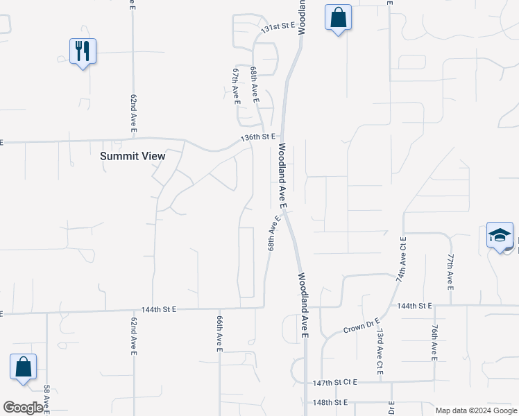map of restaurants, bars, coffee shops, grocery stores, and more near 6715 139th Street Court East in Puyallup