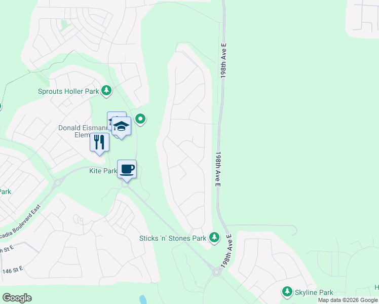 map of restaurants, bars, coffee shops, grocery stores, and more near 13921 Parkview Drive East in Bonney Lake