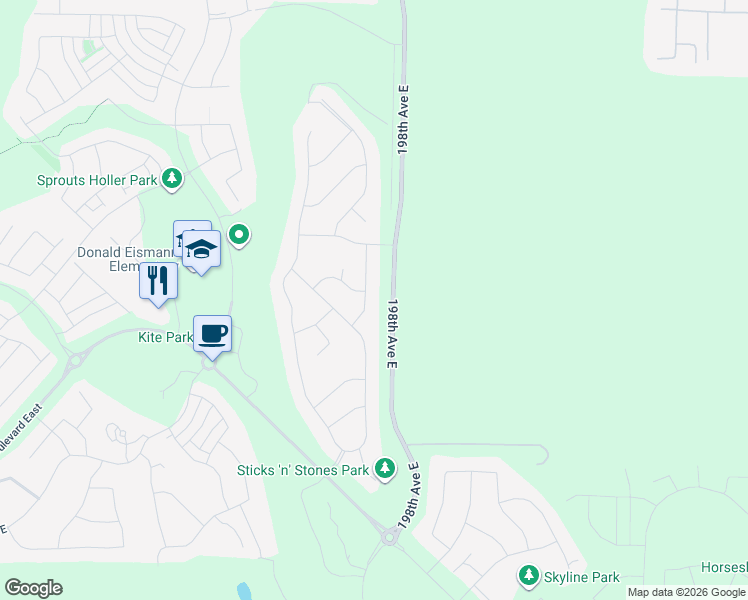 map of restaurants, bars, coffee shops, grocery stores, and more near 13911 197th Avenue East in Bonney Lake