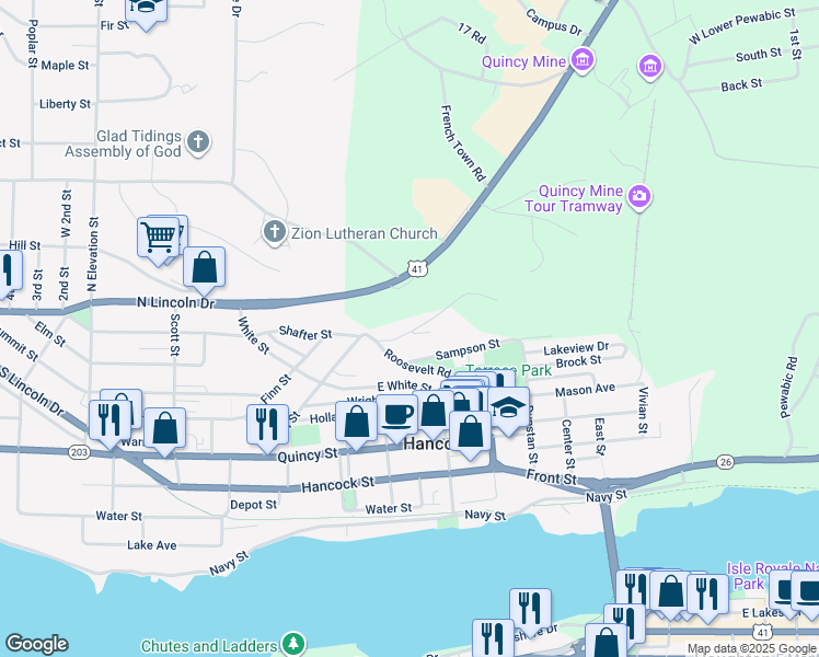 map of restaurants, bars, coffee shops, grocery stores, and more near 19653 McKinley Street in Hancock