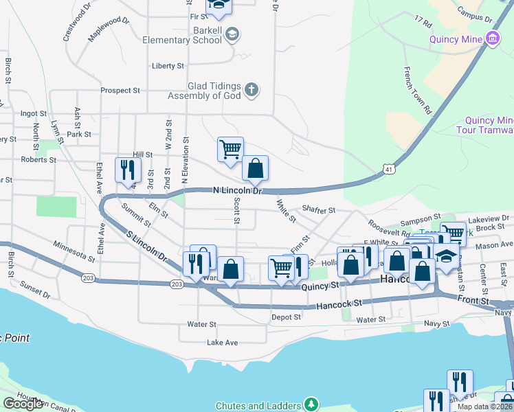 map of restaurants, bars, coffee shops, grocery stores, and more near 750 Pine Street in Hancock