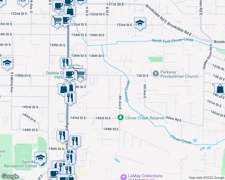 map of restaurants, bars, coffee shops, grocery stores, and more near 13911 2nd Avenue Court East in Tacoma