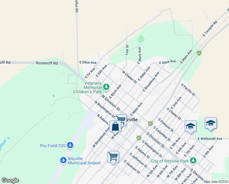 map of restaurants, bars, coffee shops, grocery stores, and more near 206 East Birch Avenue in Ritzville