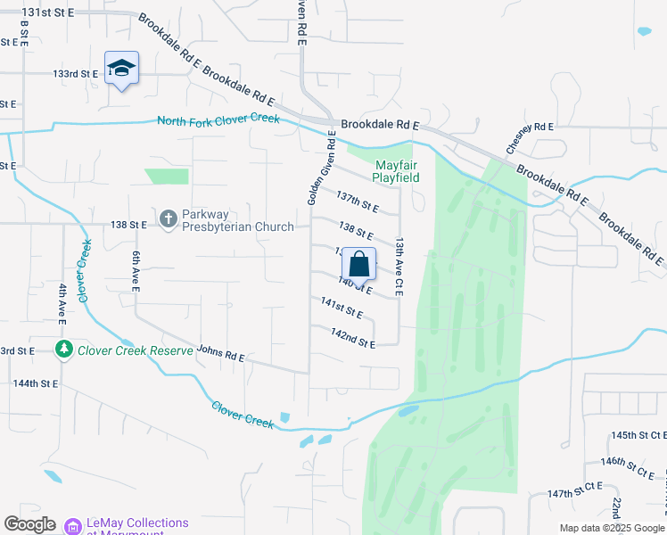 map of restaurants, bars, coffee shops, grocery stores, and more near 1210 139th Street East in Tacoma