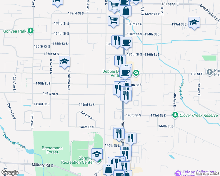 map of restaurants, bars, coffee shops, grocery stores, and more near 312 140th Street South in Parkland