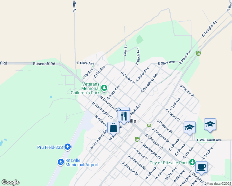map of restaurants, bars, coffee shops, grocery stores, and more near 206 East Birch Avenue in Ritzville