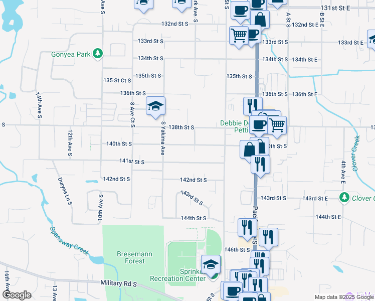 map of restaurants, bars, coffee shops, grocery stores, and more near 610 140th St S in Tacoma