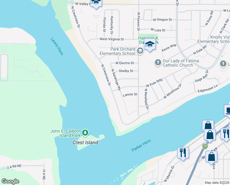 map of restaurants, bars, coffee shops, grocery stores, and more near 329 North Crestview Drive in Moses Lake