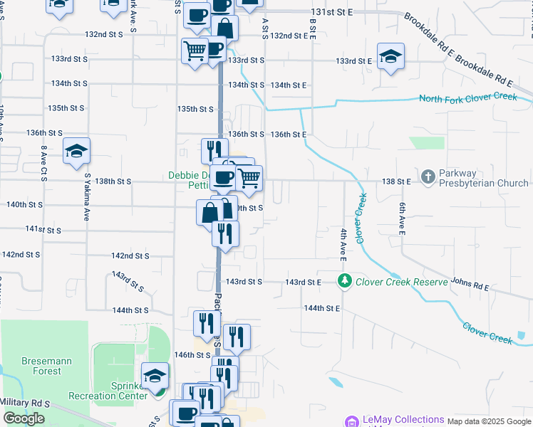 map of restaurants, bars, coffee shops, grocery stores, and more near 14007 A Street South in Parkland