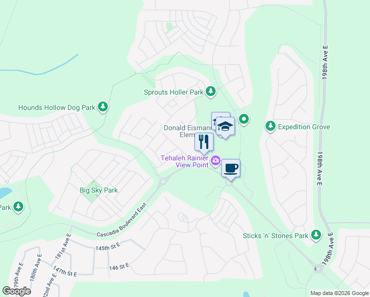 map of restaurants, bars, coffee shops, grocery stores, and more near 13813 187th Avenue Court East in Bonney Lake