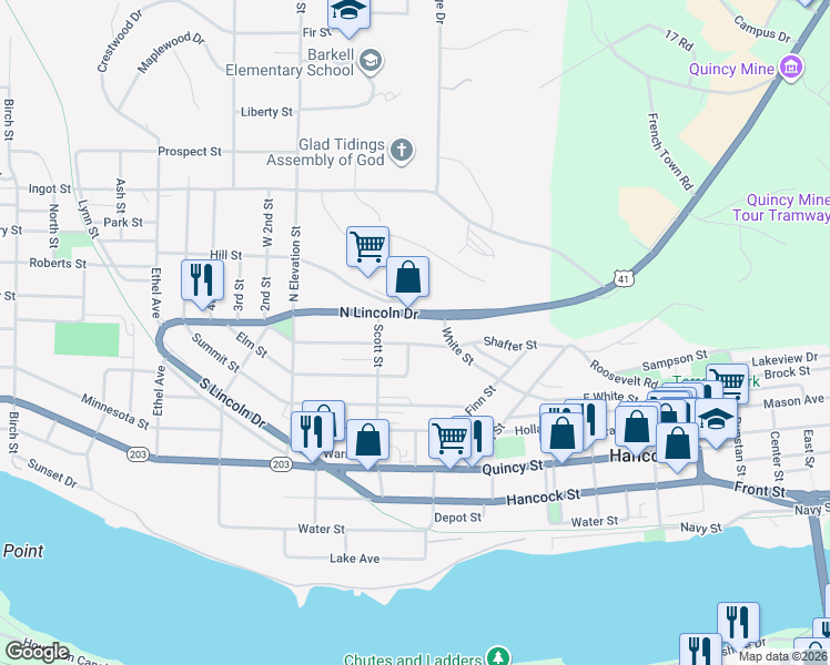 map of restaurants, bars, coffee shops, grocery stores, and more near 750 Pine Street in Hancock