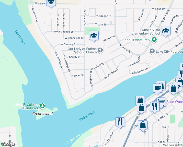 map of restaurants, bars, coffee shops, grocery stores, and more near 1038 West Windrose Drive in Moses Lake
