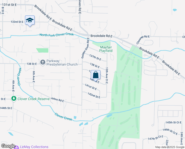 map of restaurants, bars, coffee shops, grocery stores, and more near 1210 139th Street East in Tacoma
