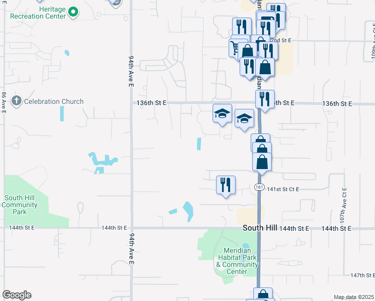 map of restaurants, bars, coffee shops, grocery stores, and more near 13607 97th Avenue East in Puyallup