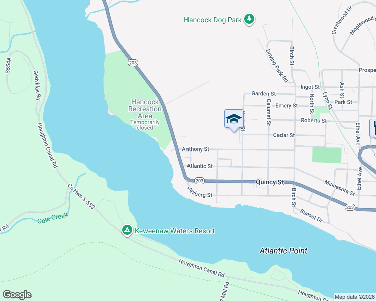 map of restaurants, bars, coffee shops, grocery stores, and more near 1600-1618 Anthony Street in Hancock