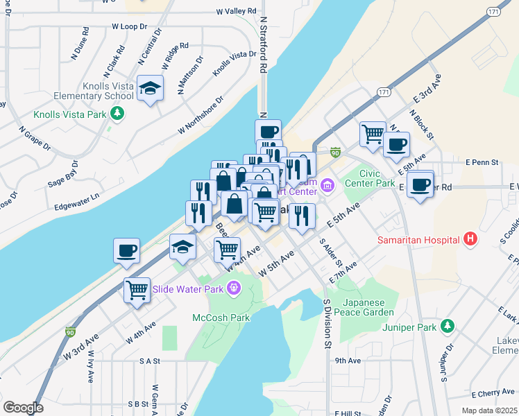 map of restaurants, bars, coffee shops, grocery stores, and more near 104 West 3rd Avenue in Moses Lake