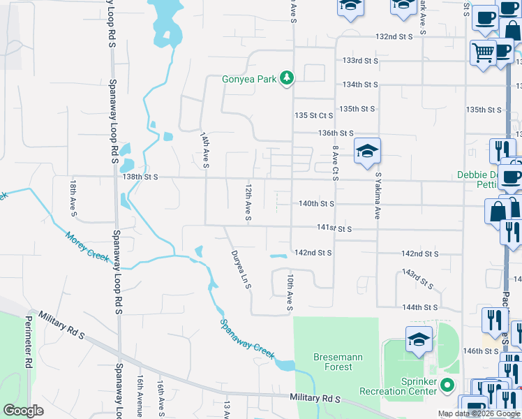 map of restaurants, bars, coffee shops, grocery stores, and more near 14005 11th Avenue Court South in Tacoma