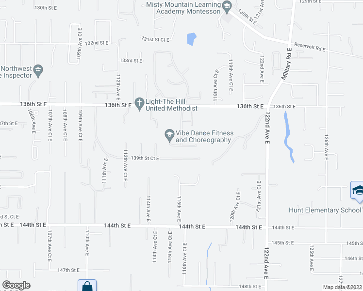 map of restaurants, bars, coffee shops, grocery stores, and more near 11613 138th Stct East in South Hill