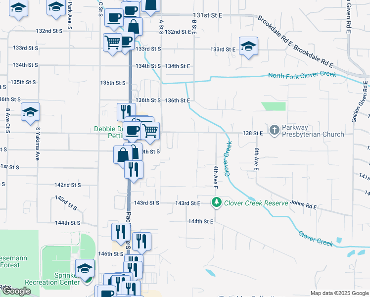 map of restaurants, bars, coffee shops, grocery stores, and more near 13829 2nd Avenue East in Tacoma