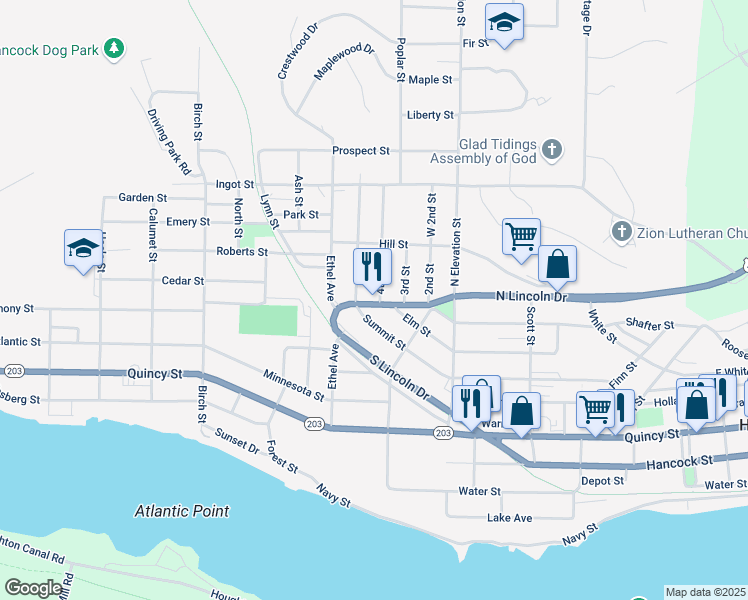 map of restaurants, bars, coffee shops, grocery stores, and more near 1001 Summit Street in Hancock