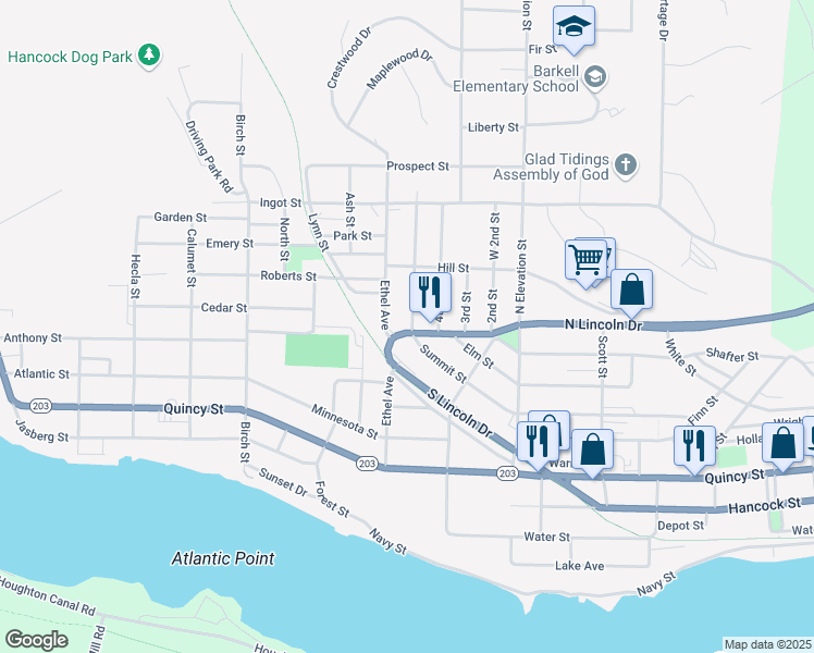 map of restaurants, bars, coffee shops, grocery stores, and more near 1100 Summit Street in Hancock
