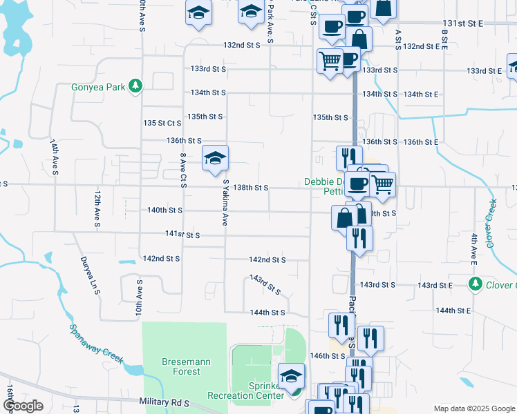 map of restaurants, bars, coffee shops, grocery stores, and more near 610 140th Street South in Tacoma