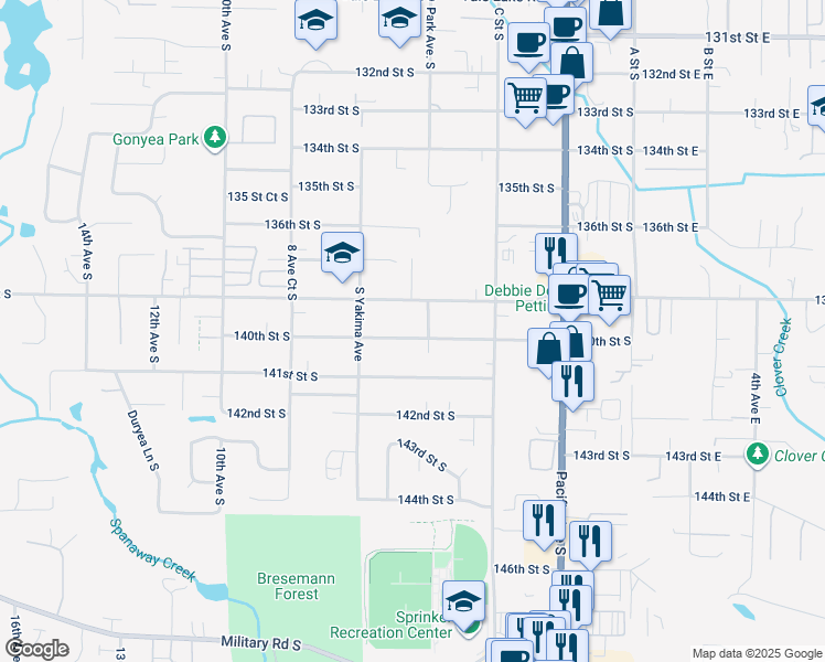 map of restaurants, bars, coffee shops, grocery stores, and more near 610 140th Street South in Tacoma