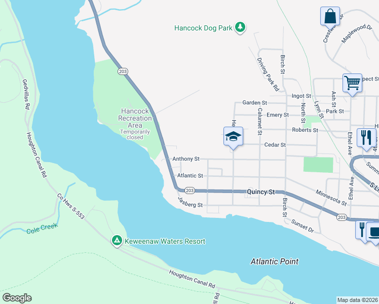 map of restaurants, bars, coffee shops, grocery stores, and more near 1600-1618 Anthony Street in Hancock