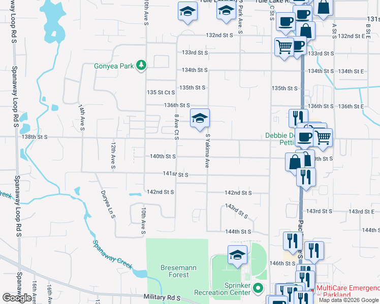 map of restaurants, bars, coffee shops, grocery stores, and more near 764 140th Street South in Tacoma