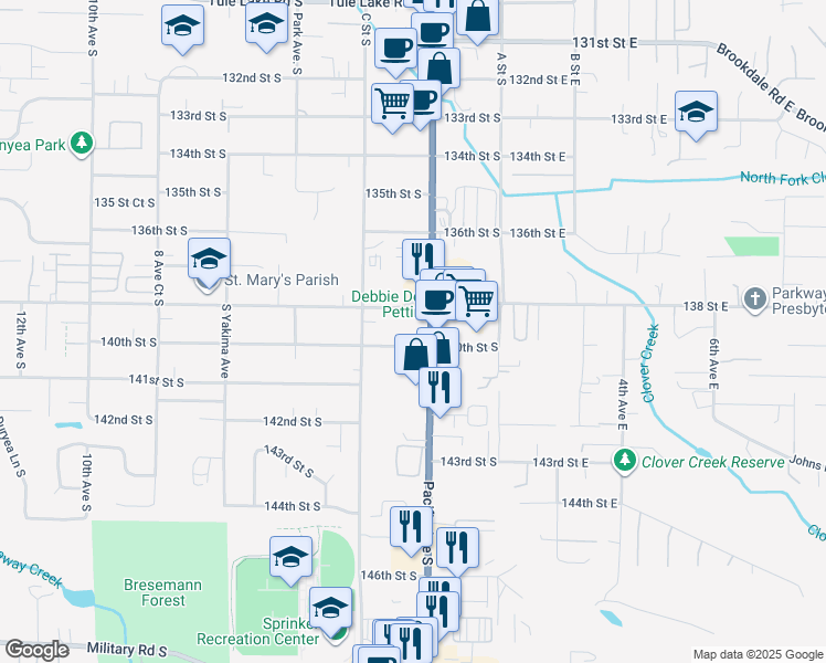 map of restaurants, bars, coffee shops, grocery stores, and more near 312 140th Street South in Parkland