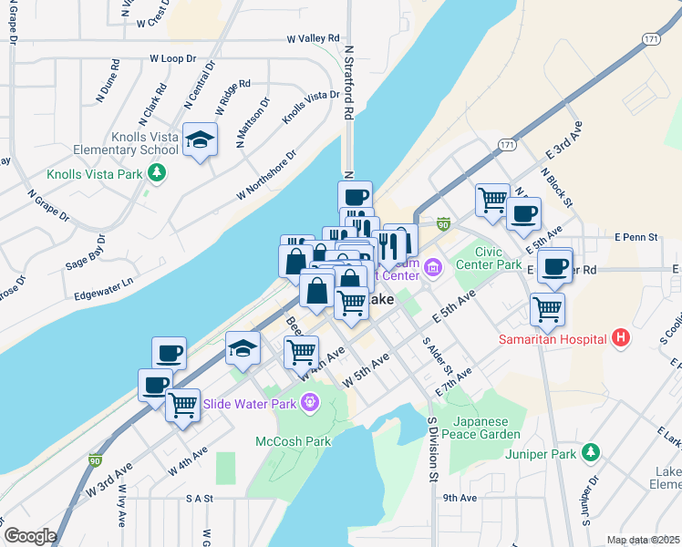 map of restaurants, bars, coffee shops, grocery stores, and more near 101 East Broadway Avenue in Moses Lake