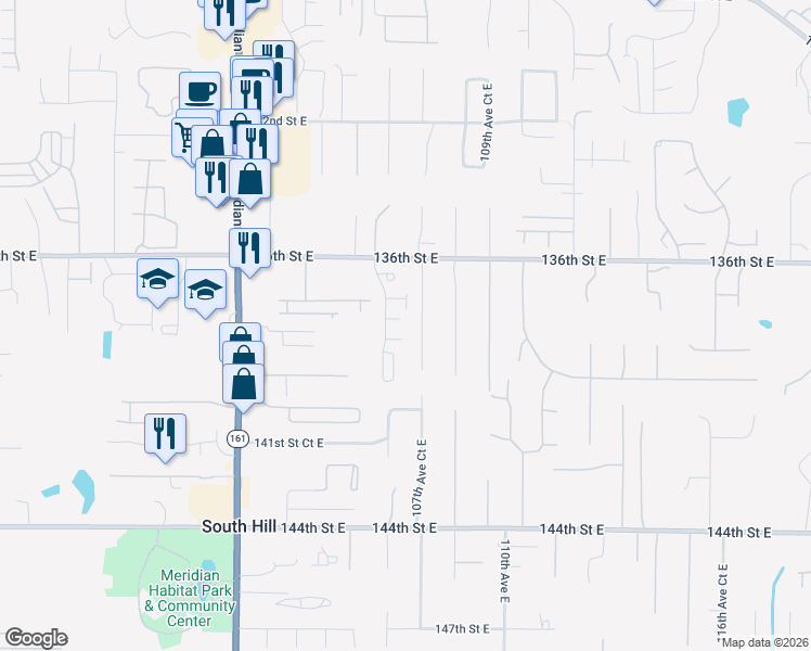 map of restaurants, bars, coffee shops, grocery stores, and more near 10620 138th Street East in South Hill