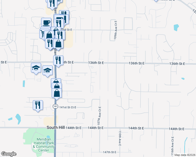 map of restaurants, bars, coffee shops, grocery stores, and more near 13802 107th Avenue Court East in Puyallup