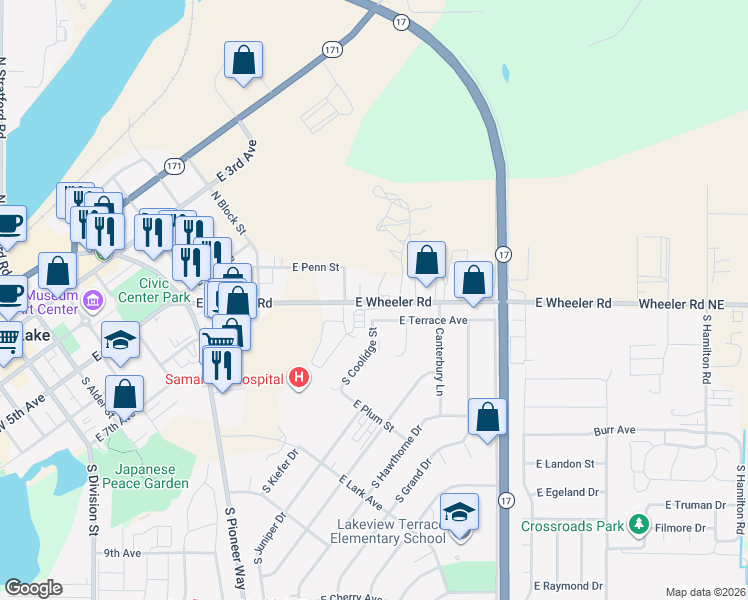 map of restaurants, bars, coffee shops, grocery stores, and more near 934 East Wheeler Road in Moses Lake